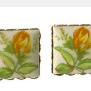 Beautiful Hand Painted Vintage Clip On Earrings Yellow Rose Buds